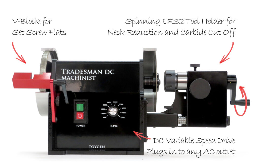 Tradesman Machinist set up to grind set screw flats, neck diameter reductions, and cut off carbide
