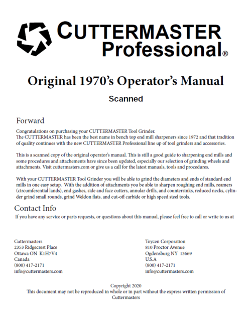 CUTTERMASTER CM-01, MG-30, HDT-30 Operators Manual